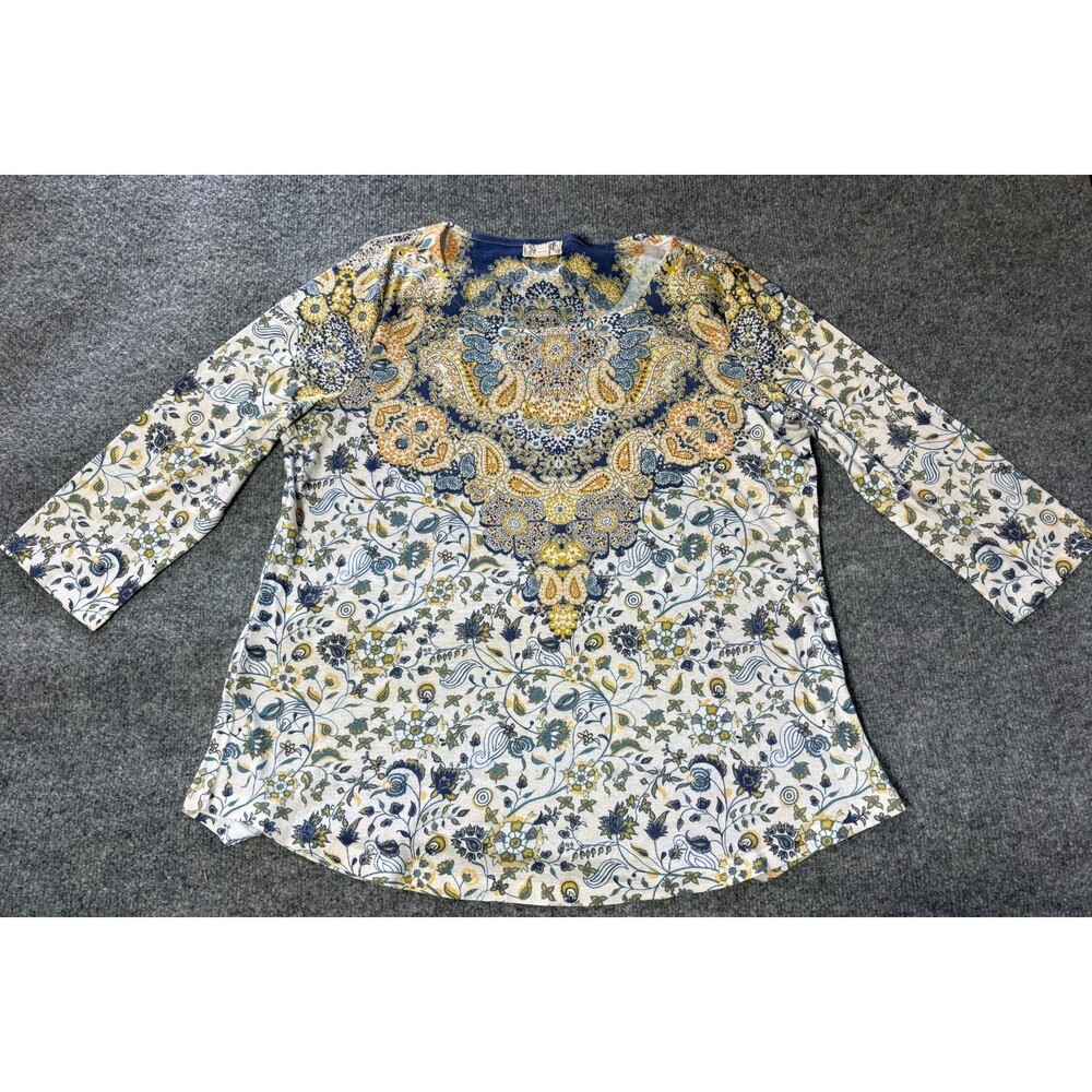 One World Top Womens 1 X Boho Floral Long Sleeve Rhinestones Blouse Shirt